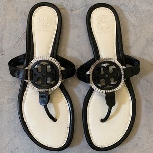 Tory Burch Miller Black/Bleach Fringe Sandals size 8